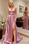 A-line V Neck Sleeveless Charmeuse Sweep Train Prom Dress With Split