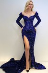 Sheath/Column Velvet Sequins Ruched Sweetheart Long Sleeves Sweep/Brush Train Prom Dresses