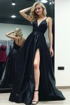 A-line V Neck Sleeveless Satin Long/Floor-Length Prom Dresses With Pockets Split