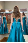 A-line V Neck Sleeveless Satin Long/Floor-Length Prom Dresses With Pockets Split