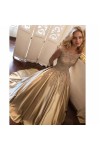 Ball Gown Long Sleeves Off-the-Shoulder Chapel Train Applique Satin Prom Dresses