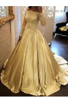 Ball Gown Long Sleeves Off-the-Shoulder Chapel Train Applique Satin Prom Dresses