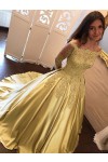 Ball Gown Long Sleeves Off-the-Shoulder Chapel Train Applique Satin Prom Dresses