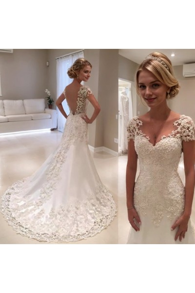 Trumpet/Mermaid Short Sleeves Sweetheart Court Train Lace Wedding Dresses