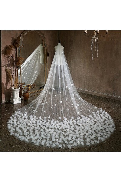 Floral Cut Edge Single Tier Tulle Bridal Cathedral Length Wedding Veils