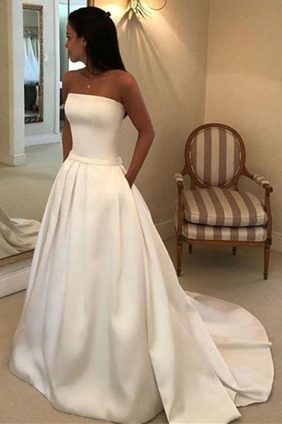 A-line Strapless Court Train Satin Wedding Dress With Waistband Pockets