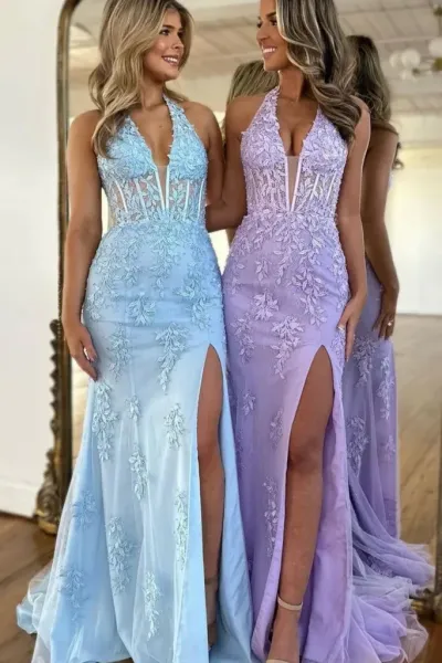 Trumpet/Mermaid V-Neck Tulle Lace Sleeveless Long Prom Dress